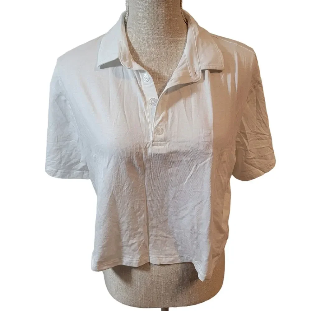Fabletics White Boxy Short Sleeve Semi-Crop Polo Size Large